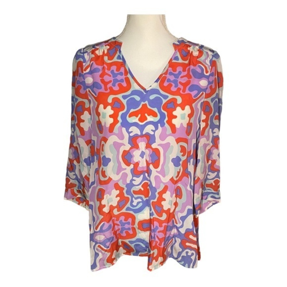 Annie Griffin Libby Tunic 100%‎ Silk 3/4 Length Sleeve Abstract Colorful